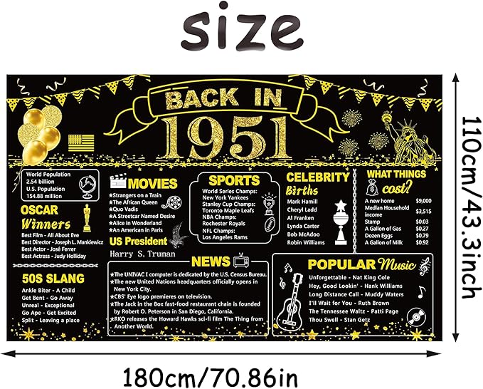 DARUNAXY 75th Birthday Black Gold Party Decoration, Back in 1951