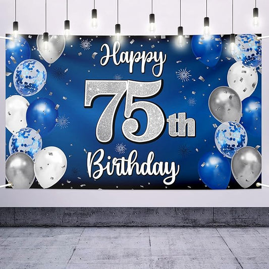 Happy 75th Birthday Decorations 75th Blue & Silver Balloon Large