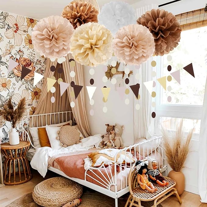 Boho Baby Shower White Brown Champagne Party Decorations 28pcs