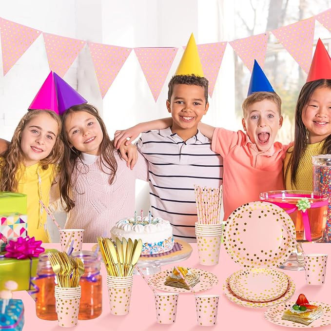 Sylken 186 Pieces pink and Gold Party Tableware Set - 25 Guests Paper