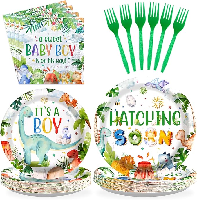 96Pcs Dinosaur Baby Shower Decorations Watercolor Dinosaur Plates