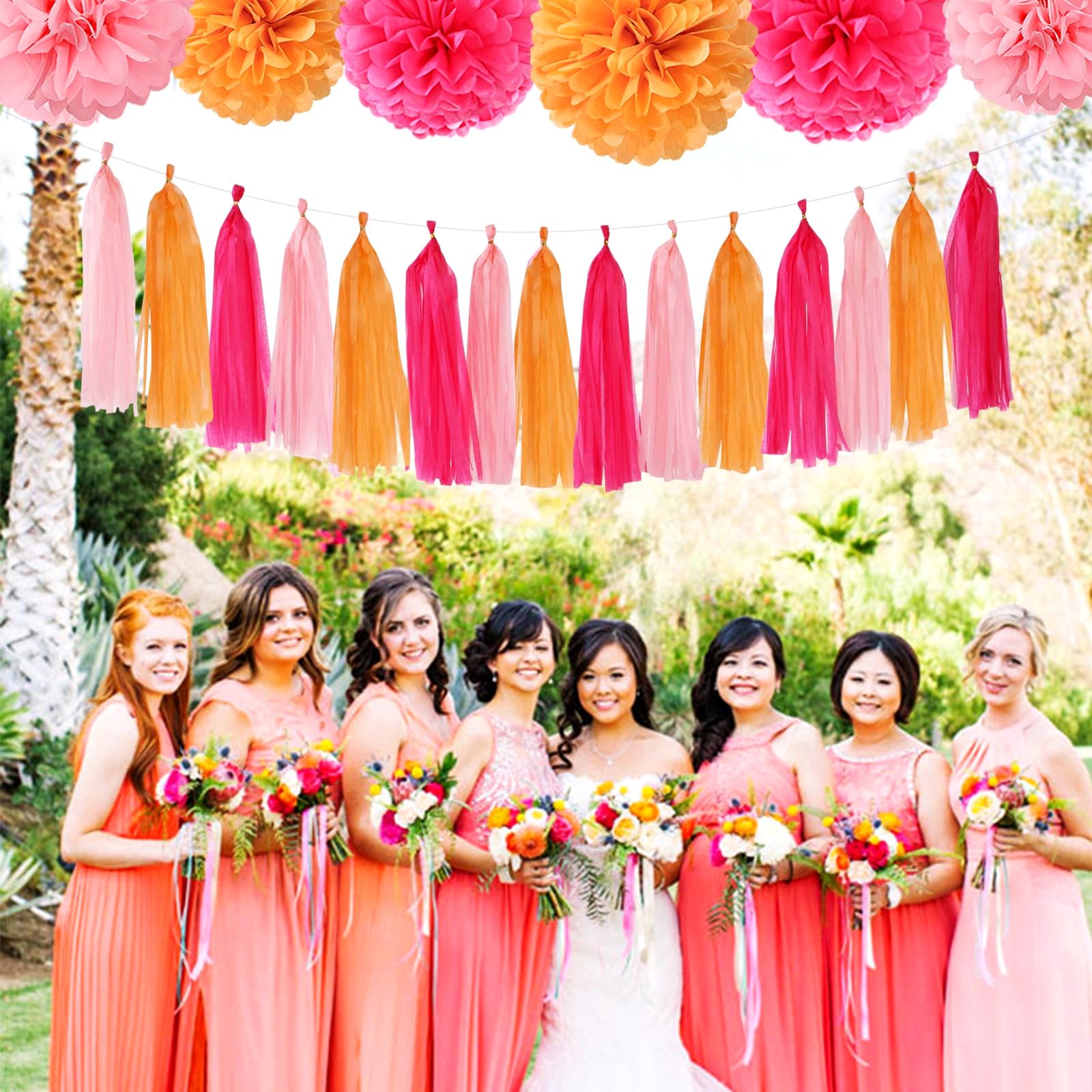 Hot-Pink Orange Fall Party-Decorations Tassel-Garland - 15pcs Groovy