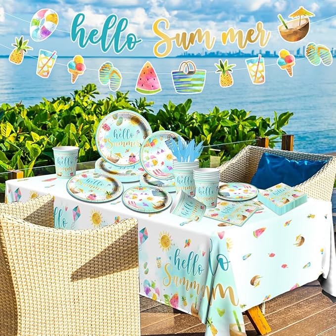 Hello Summer Party Decorations 143Pcs Beach Pool Party Paper Plates