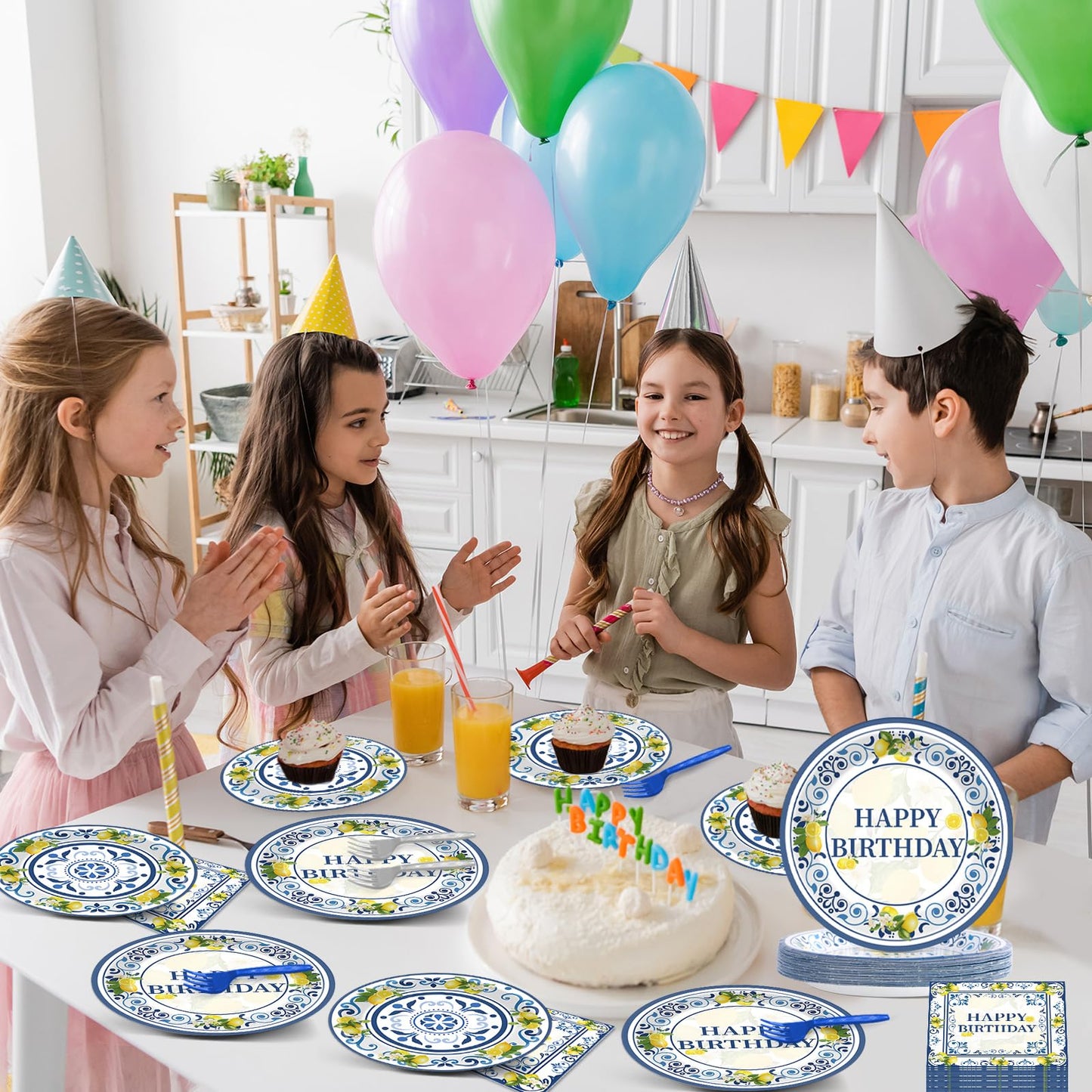 96PCS Lemon Party Paper Plates and Napkins Blue Tiles Yellow Lemon