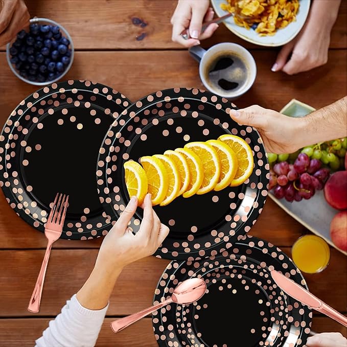 175PCS Black and Rose Gold Party Supplies,Rose Gold Dot on Black