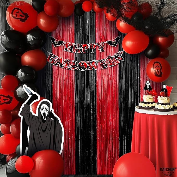 KatchOn Red and Black Fringe Curtain - 6.4x8 Ft Pack of 2 | Red and