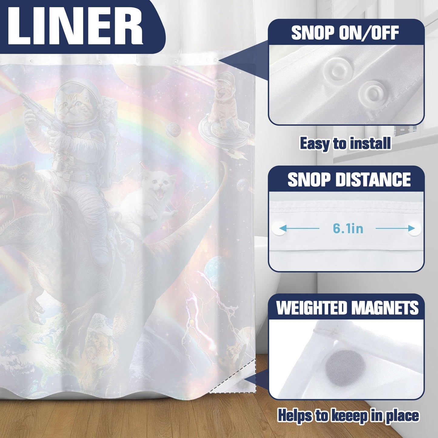 Fowocu No Hook Shower Curtain with Snap in Liner Funny Cat Dinosaur