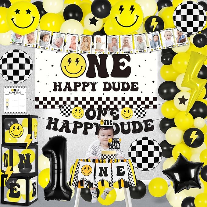 One Happy Dude 1st Birthday Decorations for Boy Smile Face Balloons