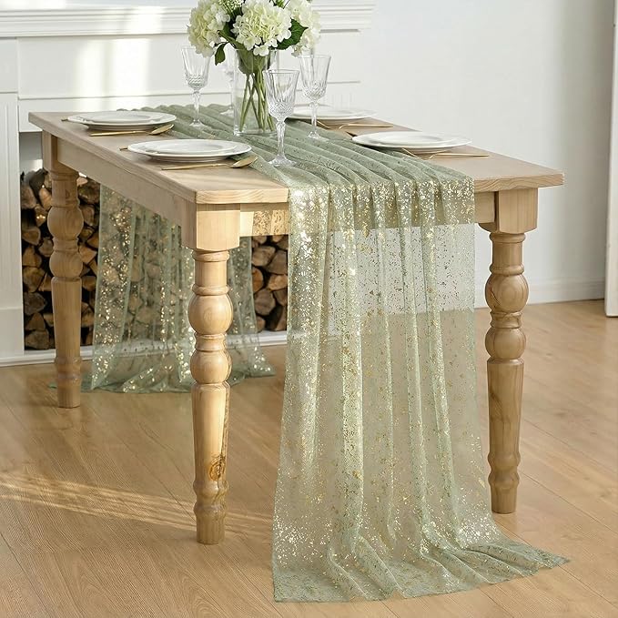 Artoid Mode Sage Green Gold Gauze Table Runner 59x120 Inch 10FT,
