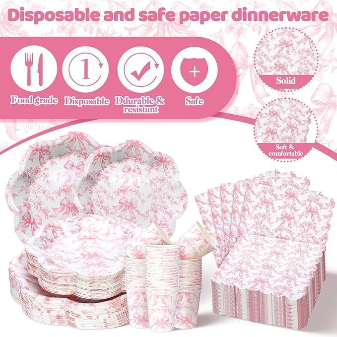 250 Pcs Pink Bow Paper Plates and Napkins Coquette Valentine's Day