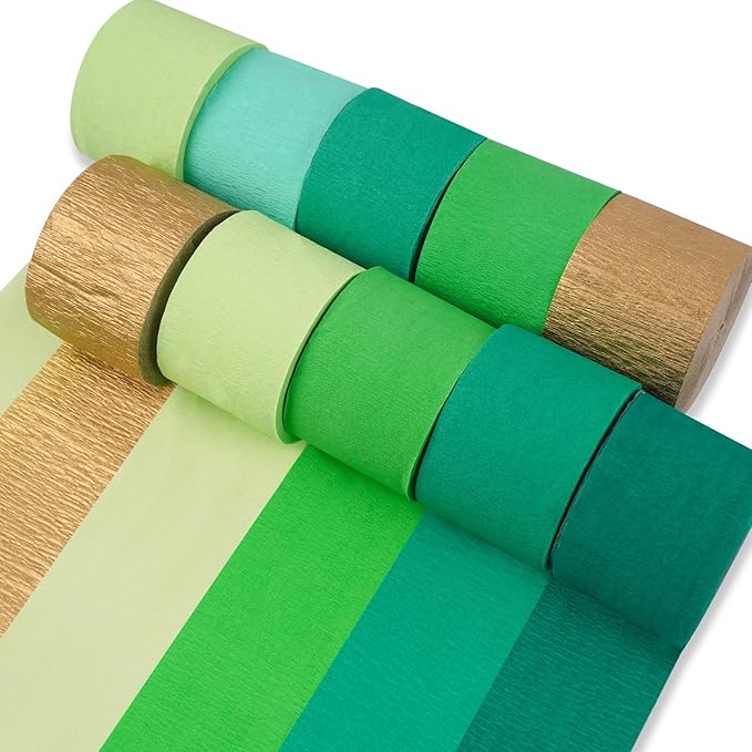 PartyWoo Green Crepe Paper Streamers 10 Rolls 820 ft Pack of Gold and