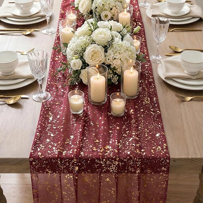 Artoid Mode Burgundy Gold Gauze Table Runner 120 Inch 10FT, Glitter