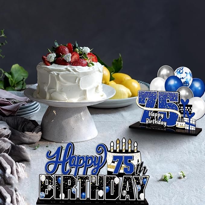 LINGTEER Happy 75th Birthday Blue Acrylic Table Topper Centerpieces
