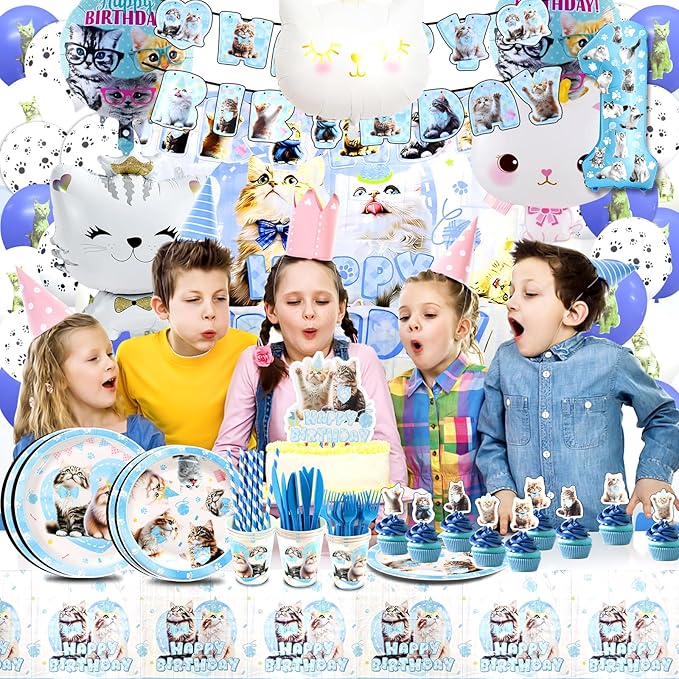 142Pcs Cat Birthday Decorations Cat 1st Birthday Party Supplies Cat