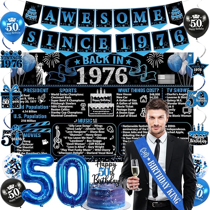 50th Birthday Decorations for Men Black Blue Back in 1976 Poster