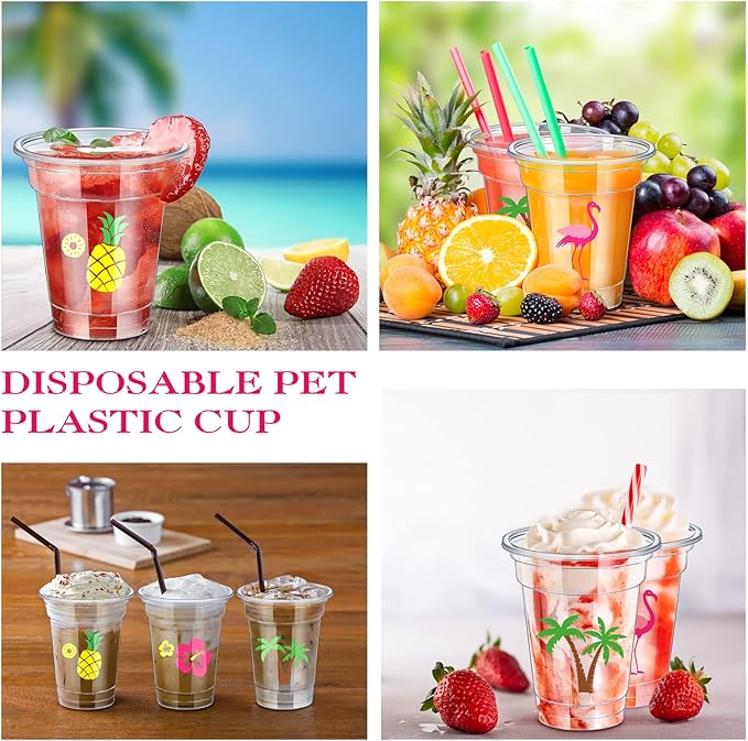 100 Pack 12 oz Clear Disposable Luau Cups Hawaiian Flamingo