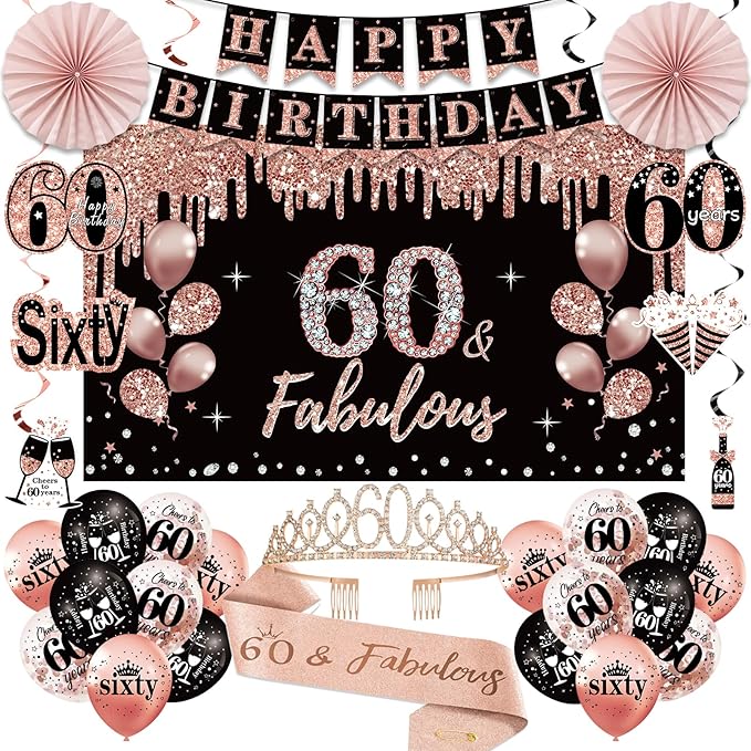 60th Birthday Decorations for Women 33pcs Black Rose Gold Happy 60th