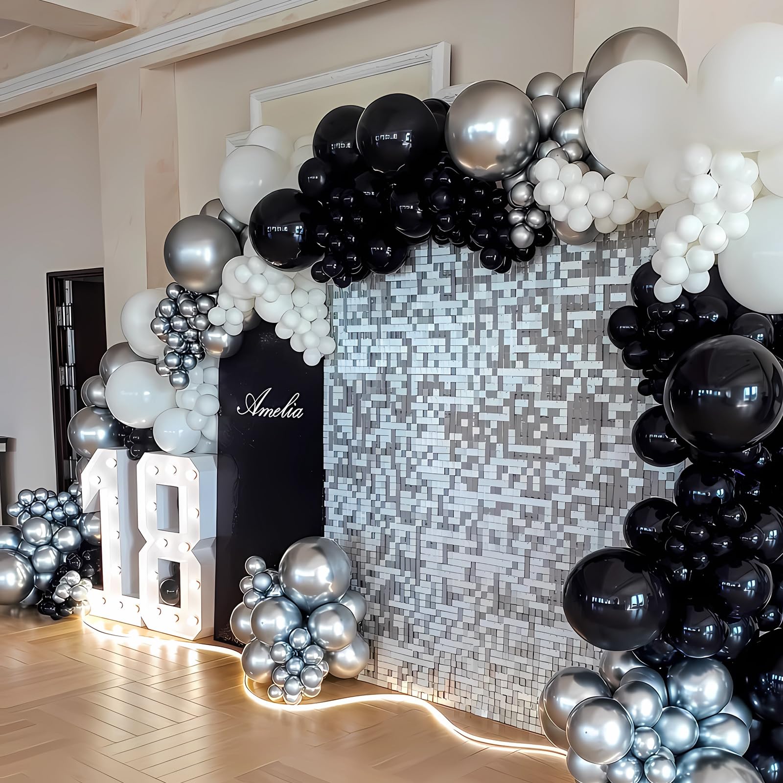 Black Silver Balloon Arch Kit 138Pcs Black White Metallic Silver