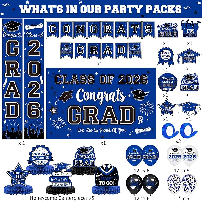 2026 Graduation Decorations, Blue and Black Graduation Decorations
