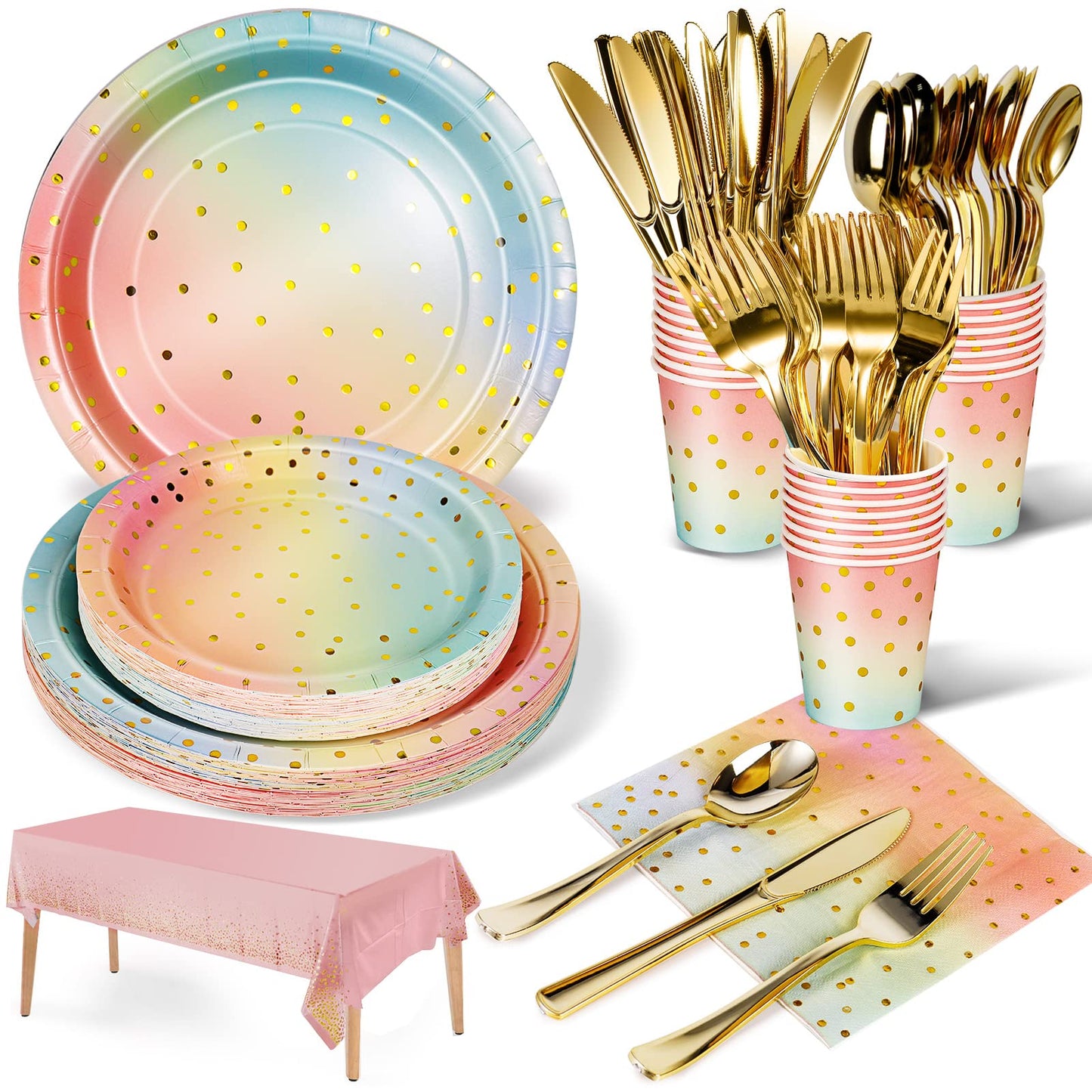 Nkaiso 141 Pieces Rainbow Gold Party Supplies, Party Dinnerware Sets