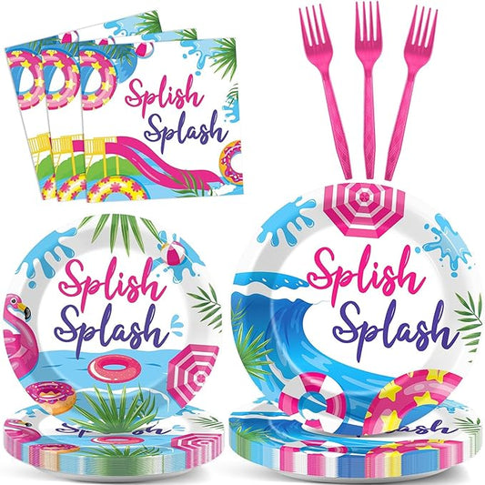 96Pcs Pink Splish Splash Plates and Napkins Summer Pool Birthday