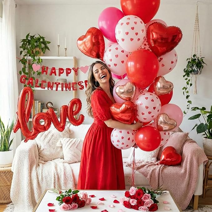 Valentines Day balloon garland arch kit with Banner red Hot pink and