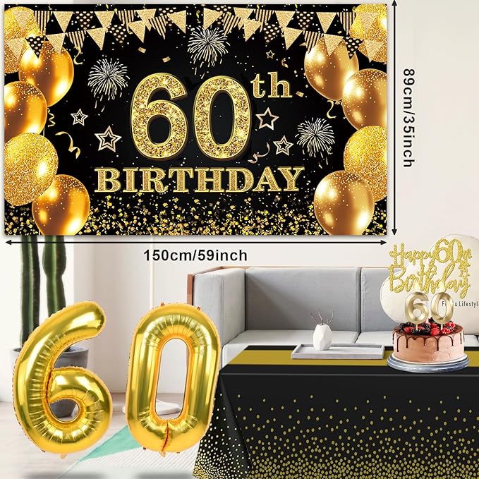 60th Birthday Decorations Men Women with 60th Birthday Banner Black