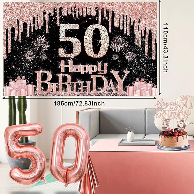 50th Birthday Decorations for Her with Banner Rose Gold Tablecloth