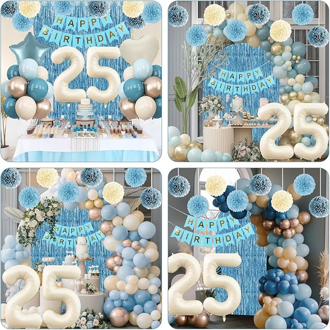 Dusty Blue 25th Birthday Party Decorations for Her Him Beige Cream