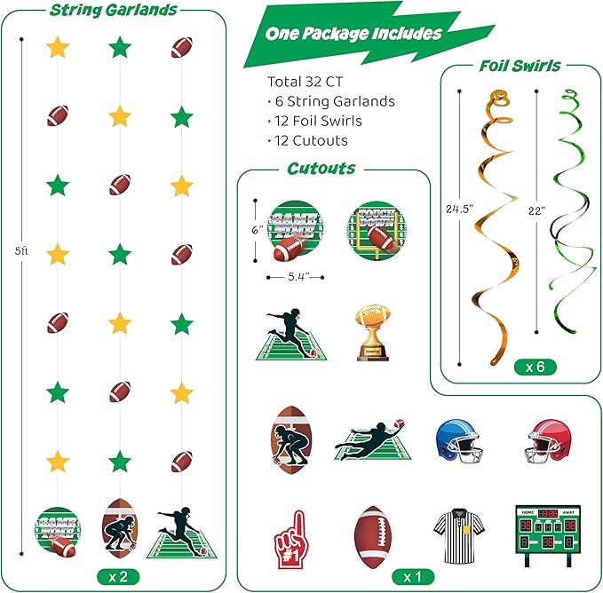 32 Piece Football Party Decoration Kit Banners Foil Swirls Garlands