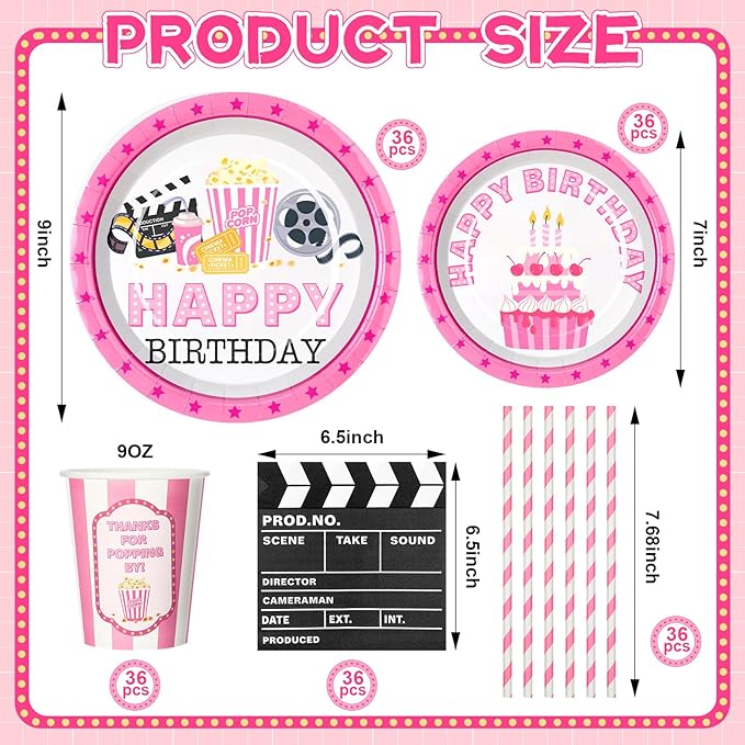 180 Pcs Pink Movie Night Party Supplies Happy Birthday Theme