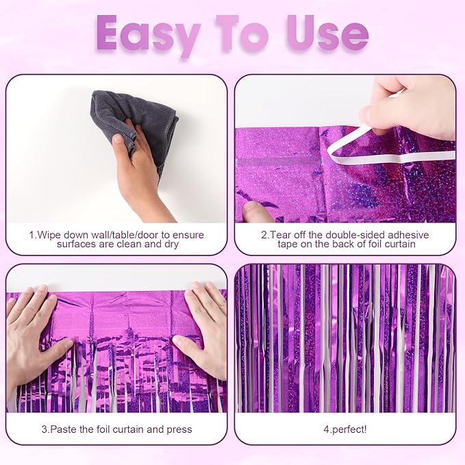 Voircoloria 3 Pack 3.3 x 8.2 ft Laser Purple Foil Fringe Backdrop