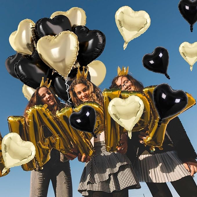 Black Gold Foil Heart Balloons, 18 Inch 10 Pcs Light Gold and Black