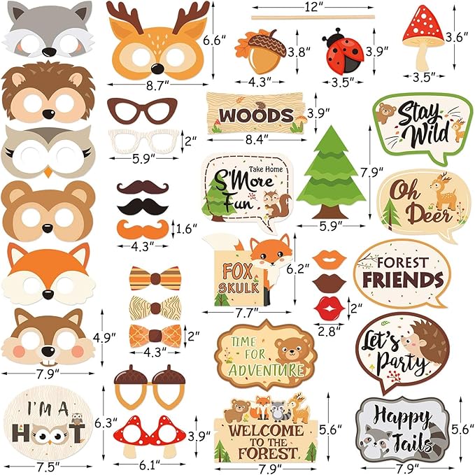 35 PCS Woodland Animal Photo Booth Props Wild One Camping Forest