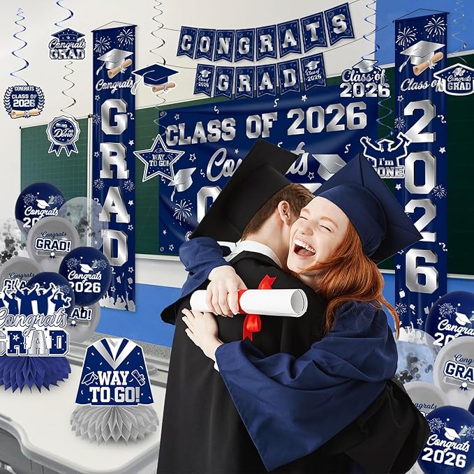 Graduation Decorations 2026 Blue and Silver Graduation Party Decor