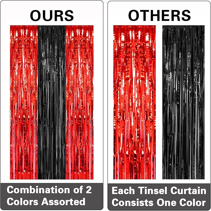 PIGETALE, 2 Pack 3.2x8.2 Feet Black and Red Foil Fringe Curtains
