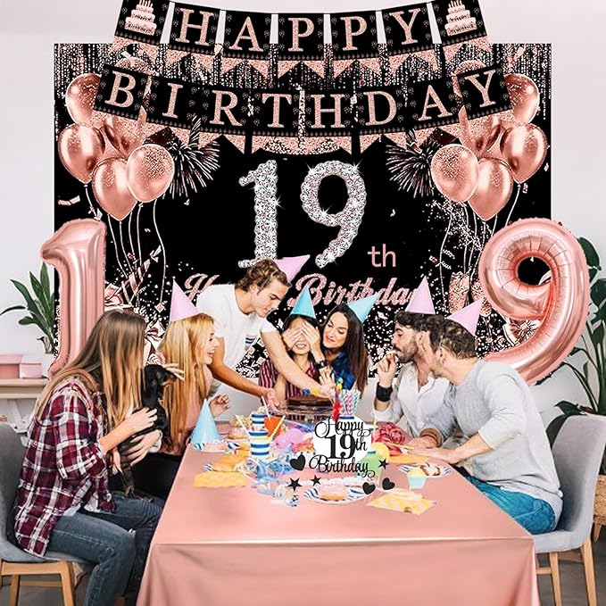 19th Birthday Decorations for Her Black Rose Gold Party Essentials