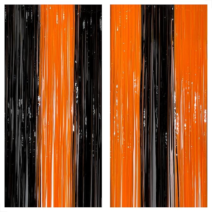 KatchOn, Black and Orange Foil Fringe Curtain - XtraLarge 3.2x8 Feet,