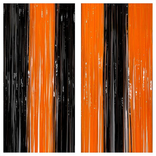 KatchOn, Black and Orange Foil Fringe Curtain - XtraLarge 3.2x8 Feet,