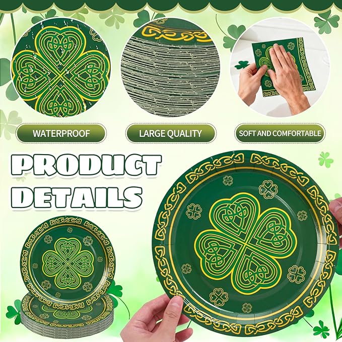 48 pcs St Patrick's Day Tableware Sets 9 Inch Shamrock Clover
