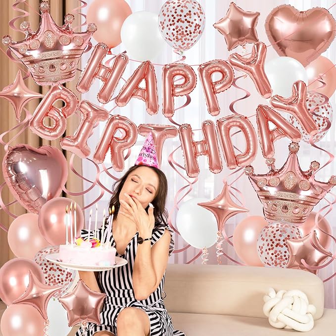 Rose Gold Birthday Decorations 3D Foil Rose Gold Happy Birthday