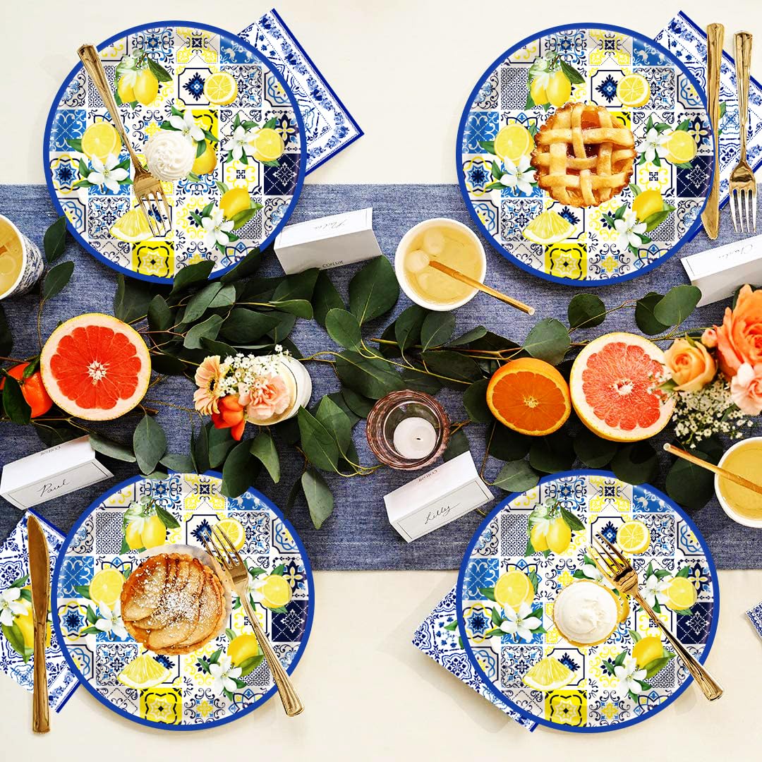 HSPAIDYP 50PCS Lemon Party Supplies7 Capri Lemon Paper Plates Blue