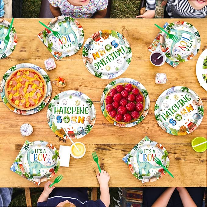 96Pcs Dinosaur Baby Shower Decorations Watercolor Dinosaur Plates