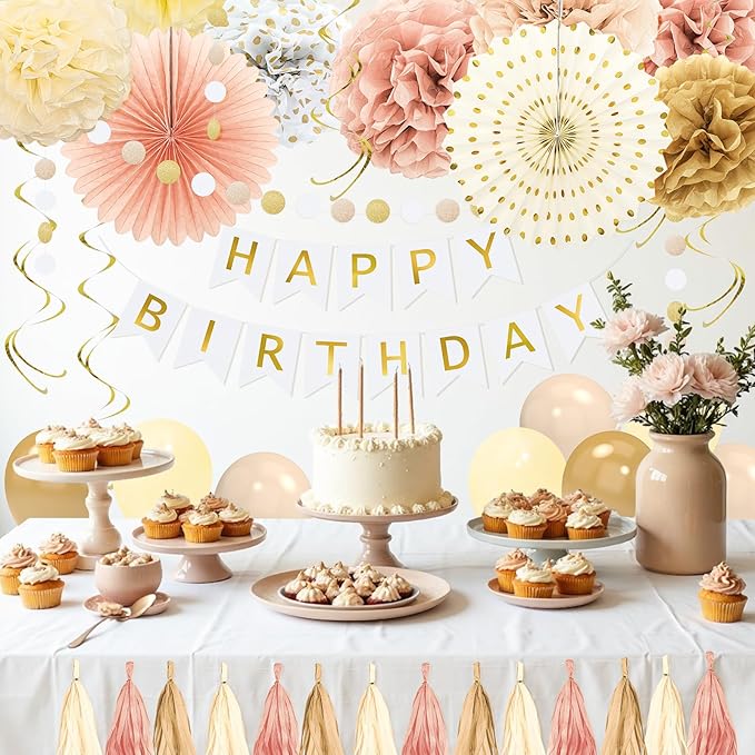Champagne Gold Fall Boho Birthday Decorations for Women Girls Beige