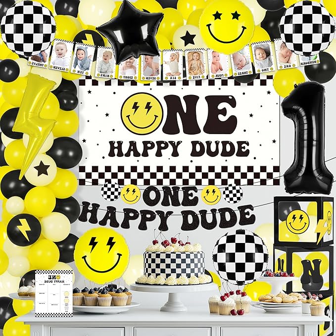 One Happy Dude 1st Birthday Decorations for Boy Smile Face Balloons