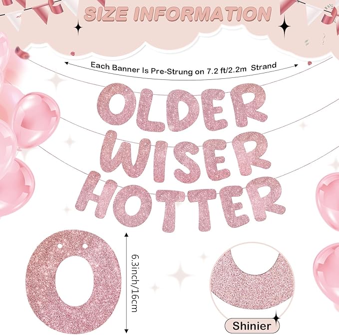 Fulmoon Set of 3 Pre Strung Older Wiser Hotter Glitter Banner Funny #1