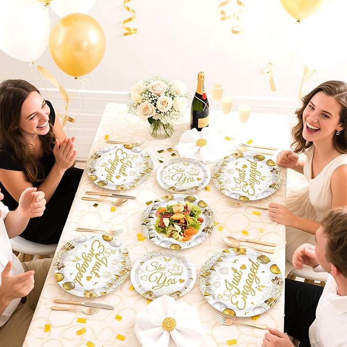 96 Pcs Happy Engagement Party Supplies White and Gold Engagement