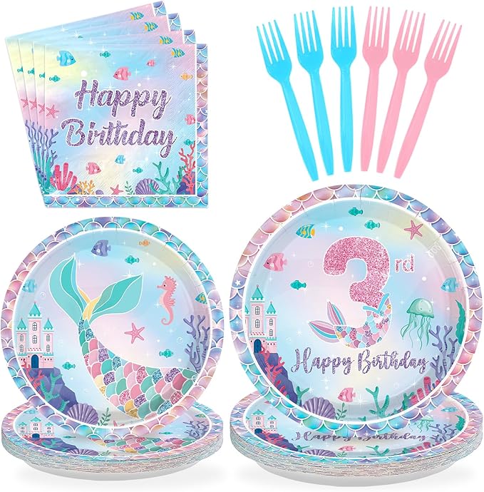 96Pcs Mermaid 3rd Birthday Party Decorations Mermaid 3rd Plates and