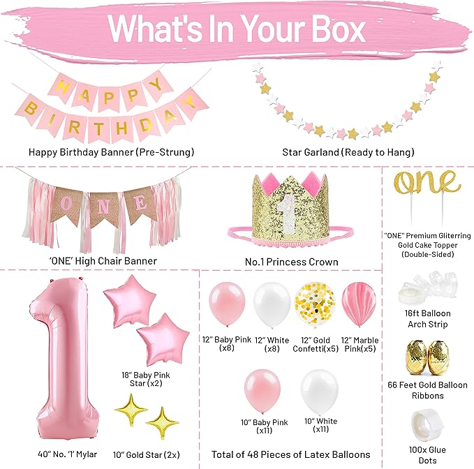 First Birthday Decorations for Girl 1st Baby Girl Number 1 Balloon
