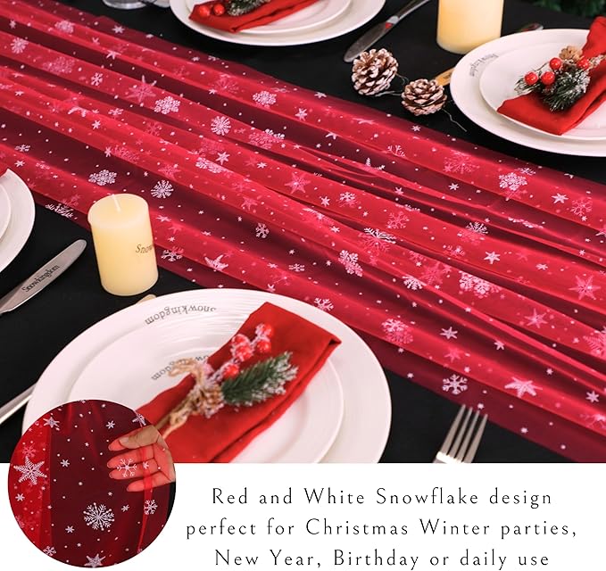 Snowkingdom Red Christmas Table Runner, Red and White Snowflakes
